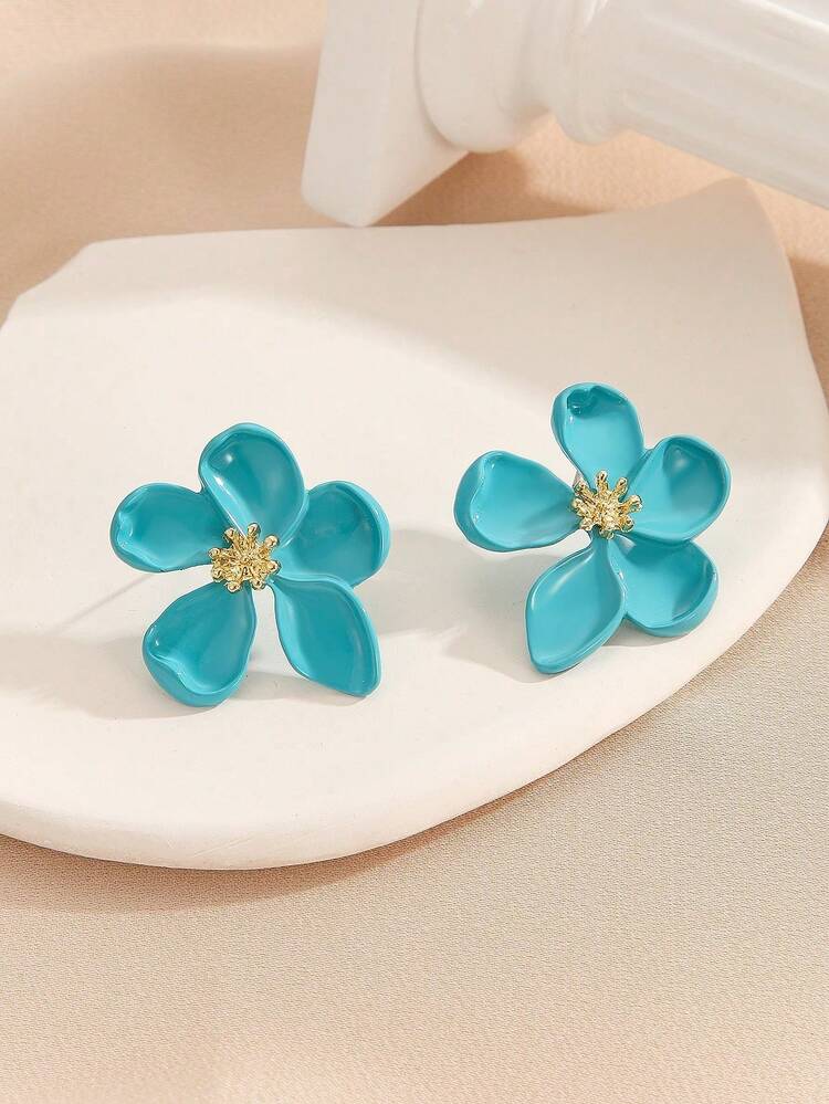 MESTILO 1 Đôi bông tai đinh tán hình hoa bằng kim loại kiểu dáng phóng khoáng, thích hợp cho phụ nữ đeo hàng ngày, quà tặng Ngày của Mẹ. - Màu xanh nhạt - Xem 1