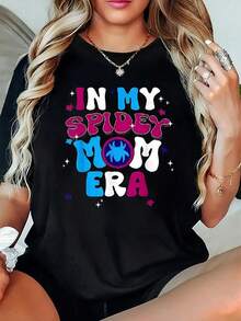 Women'S Plus-Size Graphic Tee - "In My Spidey Mom Era" Spider Web & Star Design, Casual Oversized Loose Fit, Short Sleeve, Spring/Summer Top, Casual Wear |   Playful Print |   Comfortable Fit, Plus Size - màu đen - Xem 1