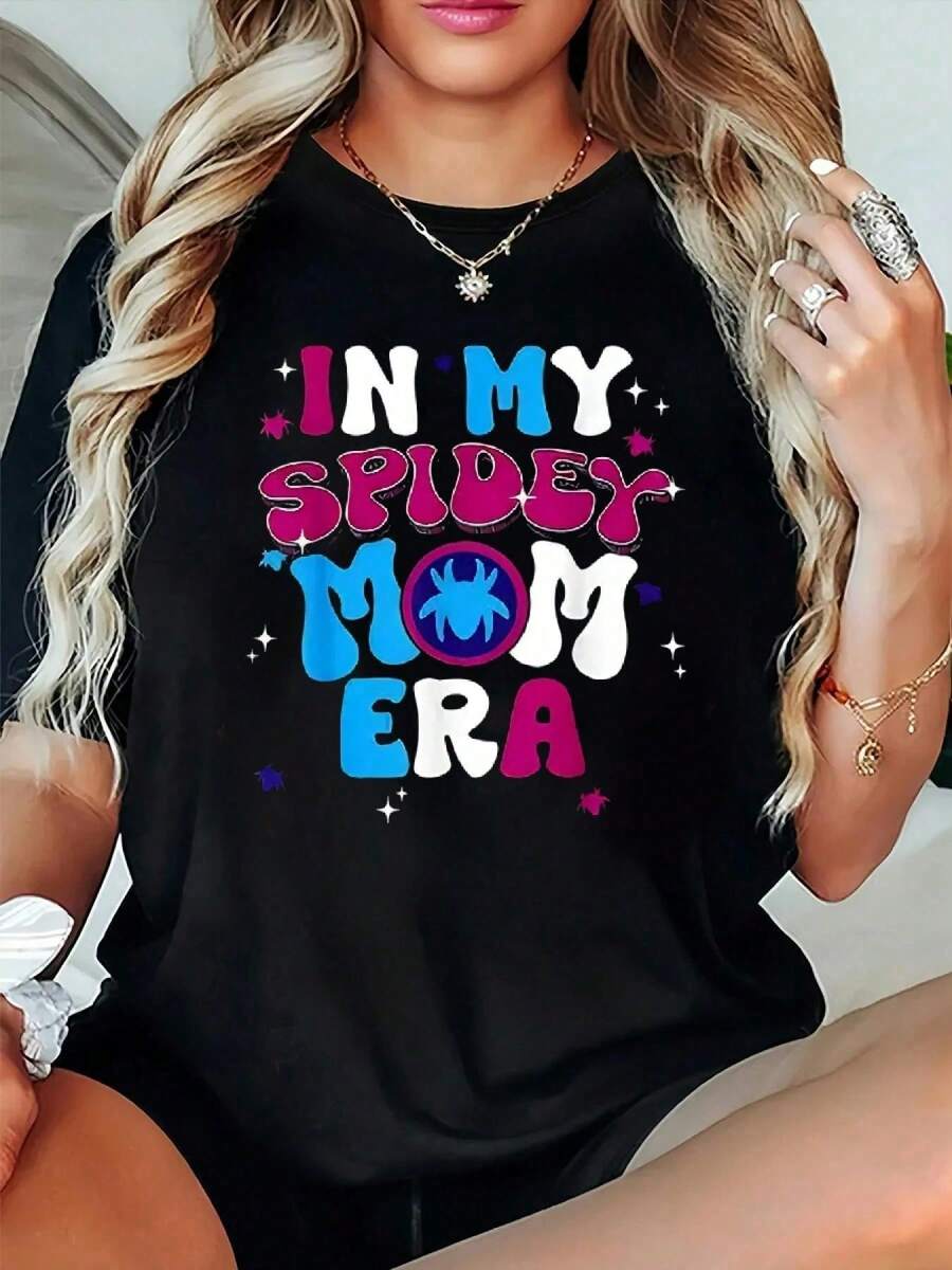 Women'S Plus-Size Graphic Tee - "In My Spidey Mom Era" Spider Web & Star Design, Casual Oversized Loose Fit, Short Sleeve, Spring/Summer Top, Casual Wear |   Playful Print |   Comfortable Fit, Plus Size - màu đen - Xem 1