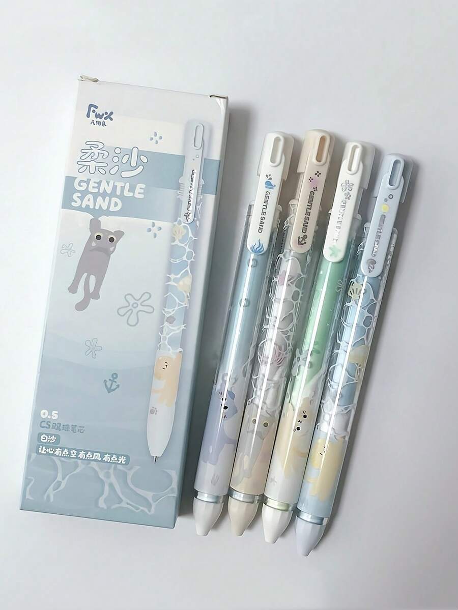 Bộ 4 bút bi gel Gentle Sand, họa tiết mèo dễ thương Kawaii, mực gel khô nhanh 0.5mm, viết trơn tru, màu đen, đồ dùng học tập cho học sinh, văn phòng phẩm, quà tặng cho bé gái. - Bộ sưu tập mèo - Xem 1