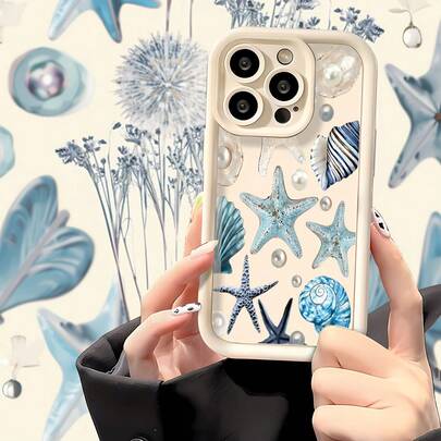 1 pieza Funda de teléfono suave y protectora con diseño escalonado, marco de lente blanco mate y diseño de ola marina, estrella de mar y perla en color azul cielo, [Versión internacional, no versión nacional] compatible con Android//Galaxy/A/S/FE/Plus/Ultra, //Pro/Note/Poco/X, //Hot/Play/Spark/Pop/Smart, /Reno/, Honor, /E/G
