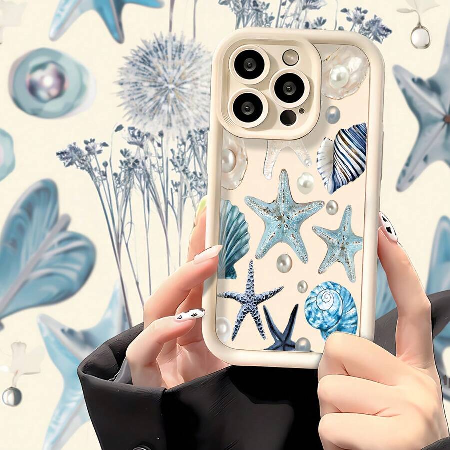 1个可爱卡通珍珠海星贝壳海洋波浪个性化天蓝色，哑光白色镜框阶梯式设计全保护软手机壳，[国际版，非国内版] 兼容Android//Galaxy/A/S/FE/Plus/Ultra，//Pro/Note/Poco/X，//Hot/Play/Spark/Pop/Smart，/Reno/，Honor，/E/G，