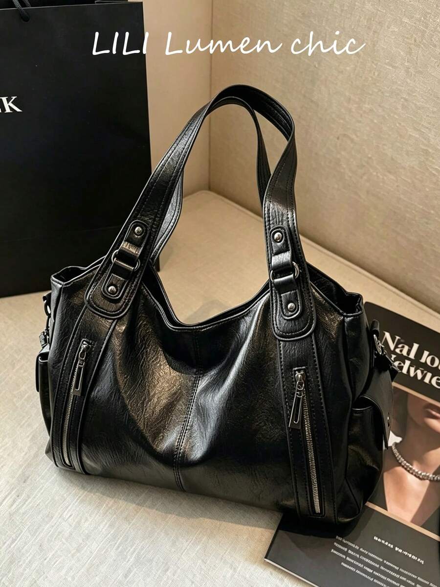 New Fashion Classic Multi-Functional Commuter Solid Color Large Capacity Retro PU Leather Shoulder Bag Handbag Wallet, Zipper Opening Design, Women's Shoulder Bag, Suitable For Shopping And Travel, New Women Handbag - Black - View 1