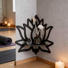 1 pieza Estante decorativo de madera con forma de flor de loto hueca, soporte para velas aromáticas de aceites esenciales, estante flotante de pared, decoración de pared con estética espiritual zen para baño, sala de yoga, apartamento pequeño - Negro - Ver 3