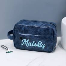 1pc Personalized Faux Leather Toiletry Bag With Hook, Groomsman Gift Travel Bag With Laser Engraved Letter Pattern, Anniversary Gift For Husband Father, Faux Leather Wash Bag With Side Handle - Multicolor - View 7