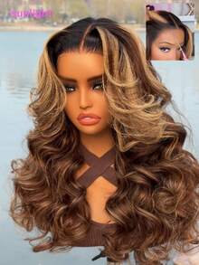 13x4 Lace Front Wig, Honey Brown Mixed With Golden Highlights, Soft Wavy Texture, Pre-Cut, Pre-Combed, Pre-Bleached, With Drawstring, Includes Golden Highlights For Face-Framing Layers, Unice Hair - SNatural/4/27 - View 5