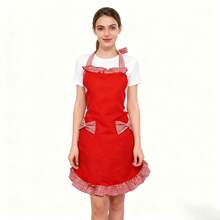 Cute Plaid Bow Apron, Soft & Comfortable, Non-Sweating. Halter Design Fits Body Shape, With Pocket For Small Items, Ruffled Hem + Contrast Plaid Decor, Stylish & Easy To Maintain, Essential For Kitchen Cooking, Baking, And Household Chores - Red and White Checkered Apron With a Bow - View 12