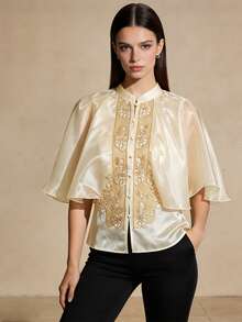 現代菲律賓風情女式襯衫上衣 1件 刺繡披肩式 Filipiniana Barong 風格上衣 - 香檳色 - 查看 4
