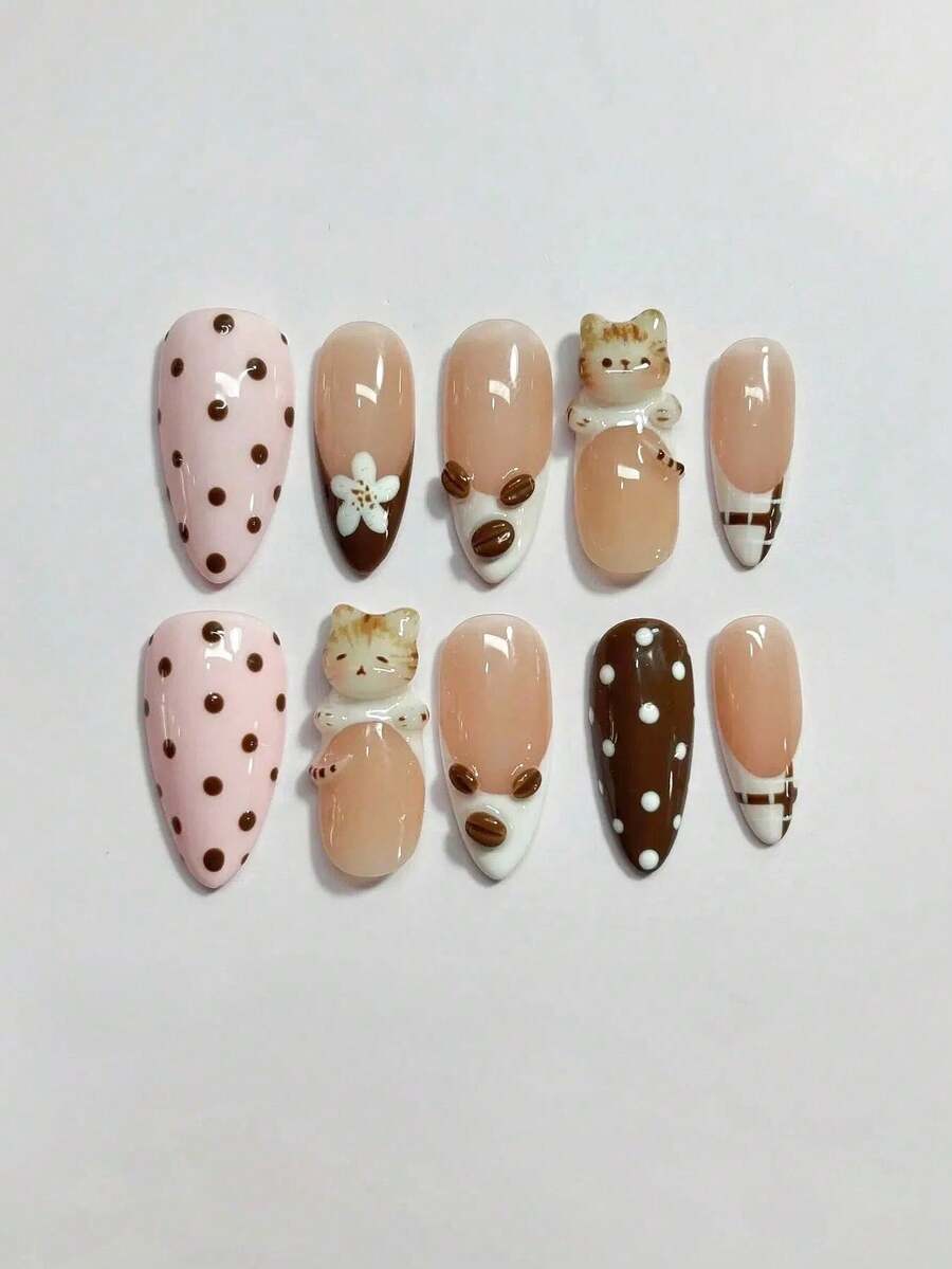 30 miếng dán móng tay hình mèo 3D và hạt cà phê, móng giả gel thủ công dễ thương, hình hạnh nhân cỡ vừa, có lớp gel dẻo, quà tặng ngày Valentine. - Nhiều màu - Xem 1