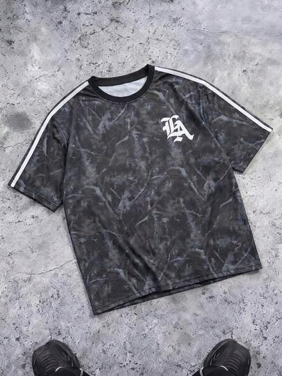  FRACTYR Men's Summer Casual American Style Tree Shadow Graphic Short Sleeve T-Shirt, Loose Fit Letter Print Streetwear Tops, Comfortable Breathable For Outdoor Wear