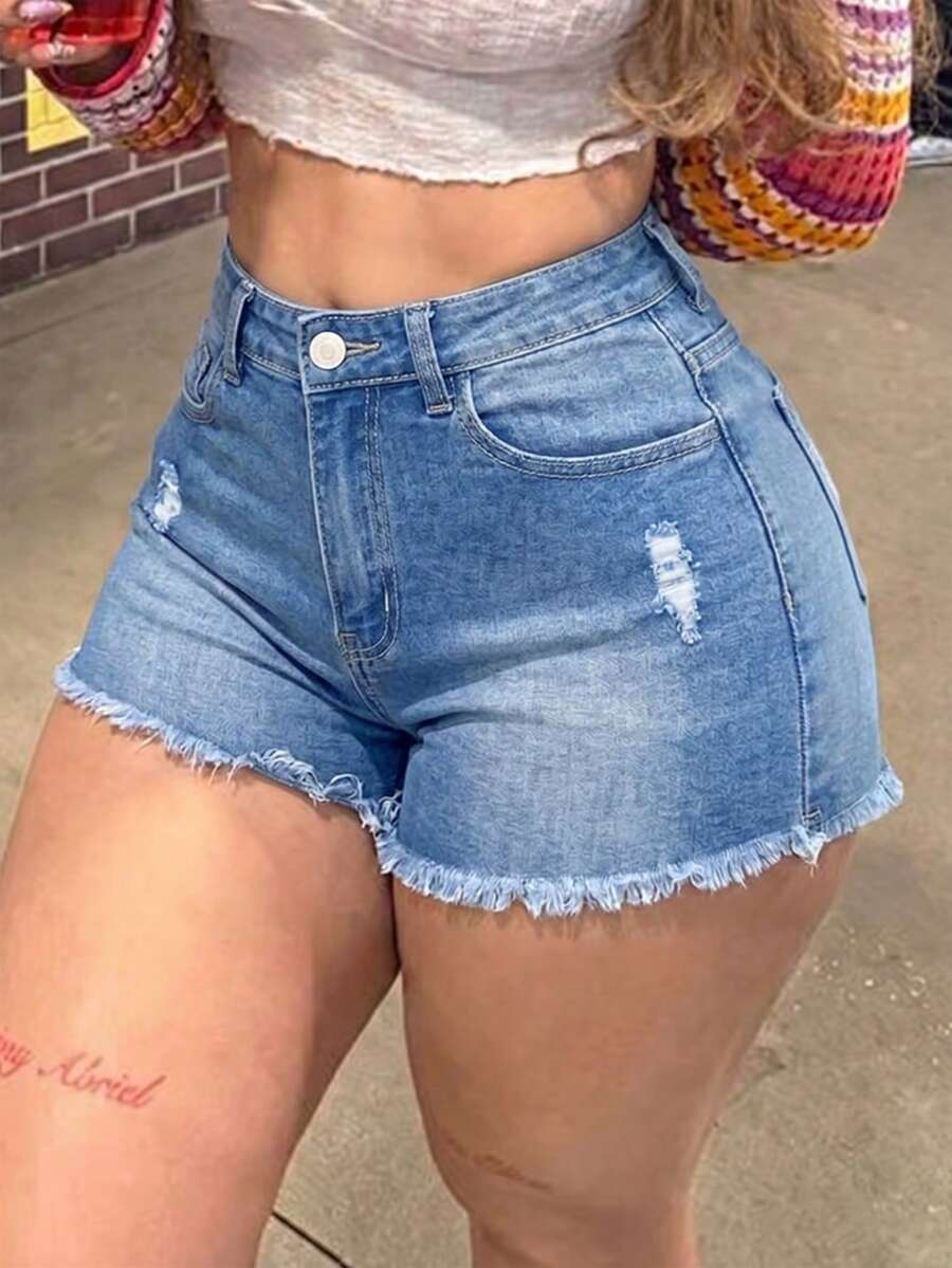 Women's High Waist Distressed Denim Shorts, Summer Casual Blue Denim Shorts With Frayed Hem - Zhonglan - View 1