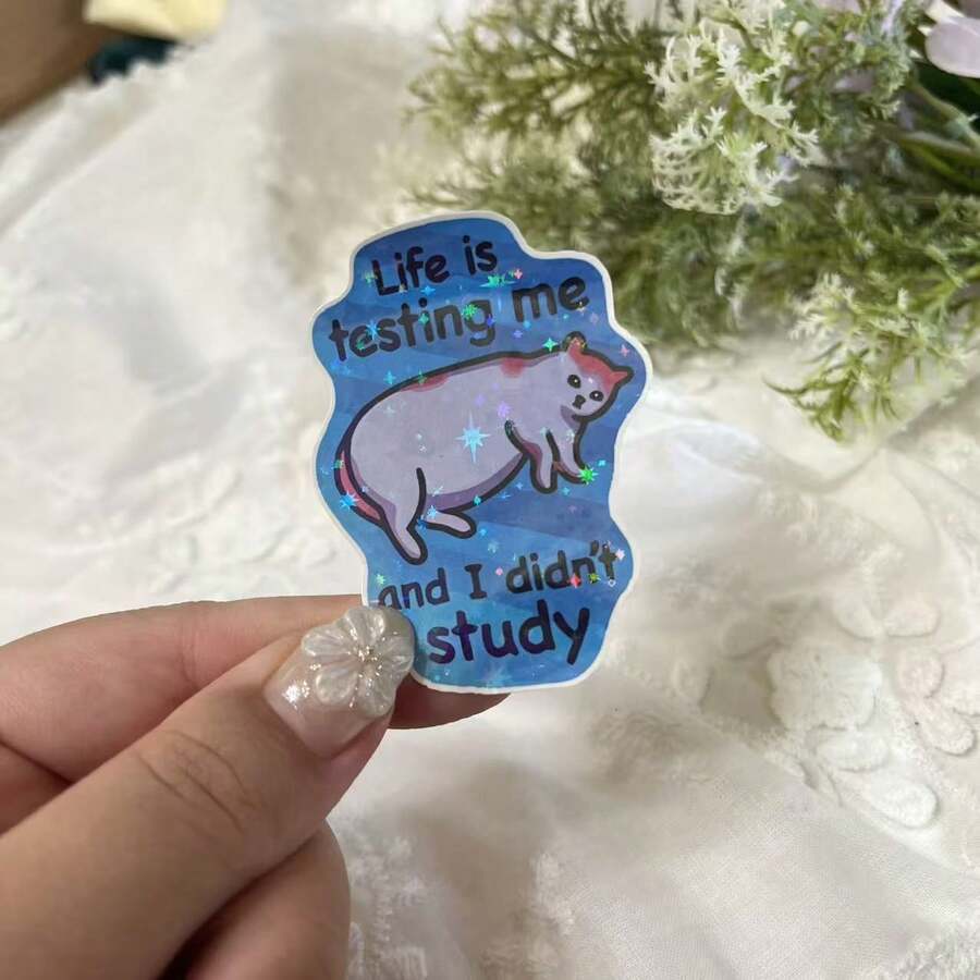 生活考验我，而我却没好好学习！励志贴纸，卡通贴纸，适用于iPad、手机壳、水瓶、书籍、笔记本电脑、笔记本、汽车玻璃、日记本、办公桌、行李箱等，可用于剪贴簿等。 - A - 查看 1