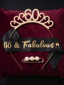 2 Peças Conjunto de Acessórios para o 30º Aniversário, Tiara de Cristal Dourada e Faixa Preta com Glitter e Alfinete de Pérola para Festa de 30 Anos Dela - Visão 15