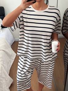 2pcs/Set Plus Size Women Cute Striped Short Sleeve T-Shirt And 3/4 Pants Pajama Set, Knit Fabric For Spring, Summer, Autumn, Slightly Elastic, Comfortable Loungewear - Beige - View 6