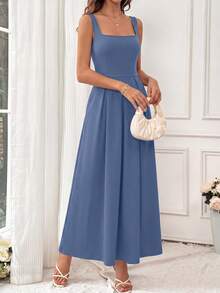 Women Summer Sleeveless Square Neck High Waist Flowy Long Dress Elegant Formal Wedding Guest Cocktail Valentine Long Maxi Dress Outfits - Xám Xanh - Xem 3