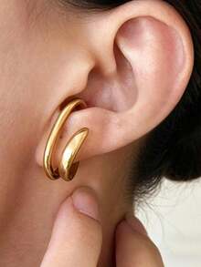 1pc Minimalist Curved Design Fake Ear Cuff Double Hoop Earrings, Women's Jewelry, Punk Chic Ear Cuff Accessory - Gold - View 4