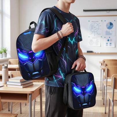 3PCS Cool Mecha Backpack Set For Boys, Large Capacity School Bag With Matching Lunch Bag & Pencil Case, Durable Lightweight Bookbag For Back To School, Daily Use, And Gift