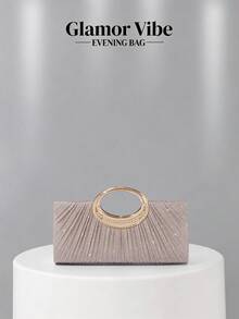 Bolso de mano de noche brillante para mujer, tela brillante con decoración metálica, correa de cadena metálica, adecuado para bodas, banquetes, fiestas, bailes, regalos de vacaciones, combinación de vestidos, regalos del Día de San Valentín, regalos de cumpleaños - Champán - Ver 2