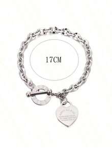 1pc Women's Stainless Steel Classic Heart Engraved Toggle Clasp Steel Chain Bracelet Valentines,Mom,Mother,Mother's Day, - 銀 - 查看 5
