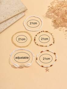 5pcs/Set Beachy Boho Style Freshwater Pearl Anklet With Starfish Pendant, Versatile For Daily Wear, Dates, Beach Vacation. The Pearl Arrangement Order Is Random. - Multicolor - View 4