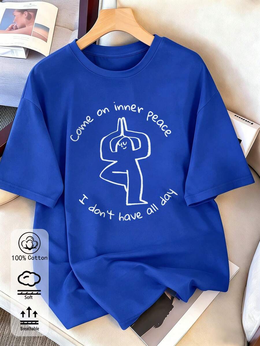 女款可愛粉色落肩棉質T恤,卡通印花圓領短袖休閒上衣,中等彈性面料 - 藍色 - 查看 1
