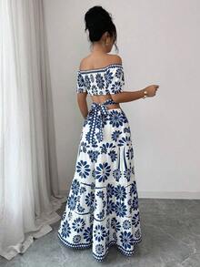 de moda con estampado floral, hombros descubiertos, manga corta y cintura hueca - Azul 2 - Ver 2