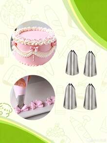 1pc/4pcs Stainless Steel Piping Nozzle Set, Metal Icing Piping Tips For Making Bows, Decorative Nozzles, Stainless Steel Leaf & Lily Flower Butter Baking Tools, Cake Decorating Supplies For Home And Bakery - Silver - View 2