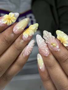 Nghệ thuật vẽ móng hoa 3D thủ công, Nghệ thuật vẽ móng hoa 3D phong cách bãi biển mùa hè, Nghệ thuật vẽ móng họa tiết vỏ sò, Nghệ thuật vẽ móng màu vàng, Móng giả hình hạnh nhân dài vừa, Móng giả dành cho nữ - Màu vàng - Xem 2