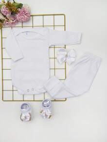 4 Piece Set Long Sleeve Bodysuit With Booties, Hairband And Ribbed Knit Pants / Baby Girl Set With Booties And White Hair Bow - 白色 - 查看 9