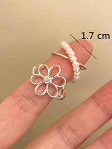 Bộ 2 chiếc nhẫn đính hạt hình hoa rỗng thời trang, thích hợp để đeo hàng ngày. - Bạc - Xem 2