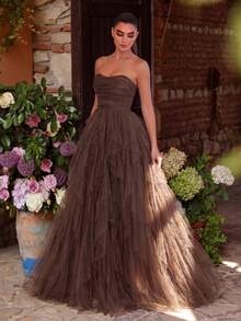 Romantic Strapless Bridal Dress, Layered Ruffle Tulle Skirt, A-Line Silhouette, Suitable For Classic Weddings, Graduations, Galas - Brown - View 4