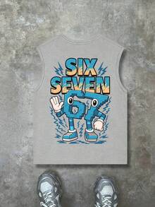 青少年男童无袖印花背心，印有像素卡通数字“67”、标语“SIX SEVEN”和闪电图案，休闲宽松版型，适合返校、游戏、休闲场合和夏季穿着。 - 灰色 - 查看 3