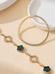 1 Set Luxury Rhinestone Hollow Clover & Green Leaf Charm Bracelets, Women Elastic Bracelet Set For Stacking - Green - View 4
