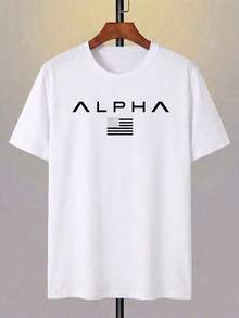 Camiseta de manga corta verde de 100% poliéster con diseño personalizado, texto "ALPHA" e impresión de logotipo minimalista, ropa casual transpirable para hombres, tela ligera, adecuada para el verano - Blanco - Ver 1