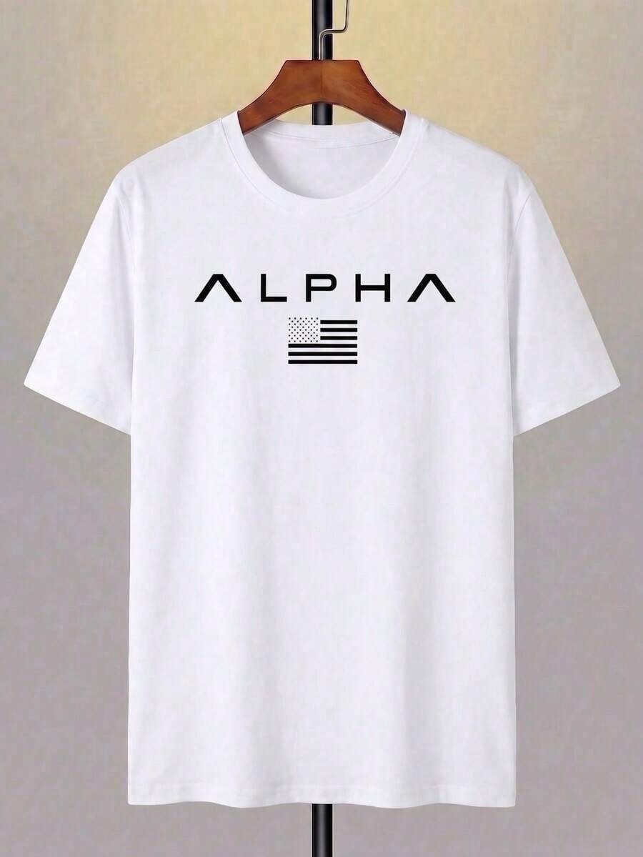 Camiseta de manga corta verde de 100% poliéster con diseño personalizado, texto "ALPHA" e impresión de logotipo minimalista, ropa casual transpirable para hombres, tela ligera, adecuada para el verano - Blanco - Ver 1