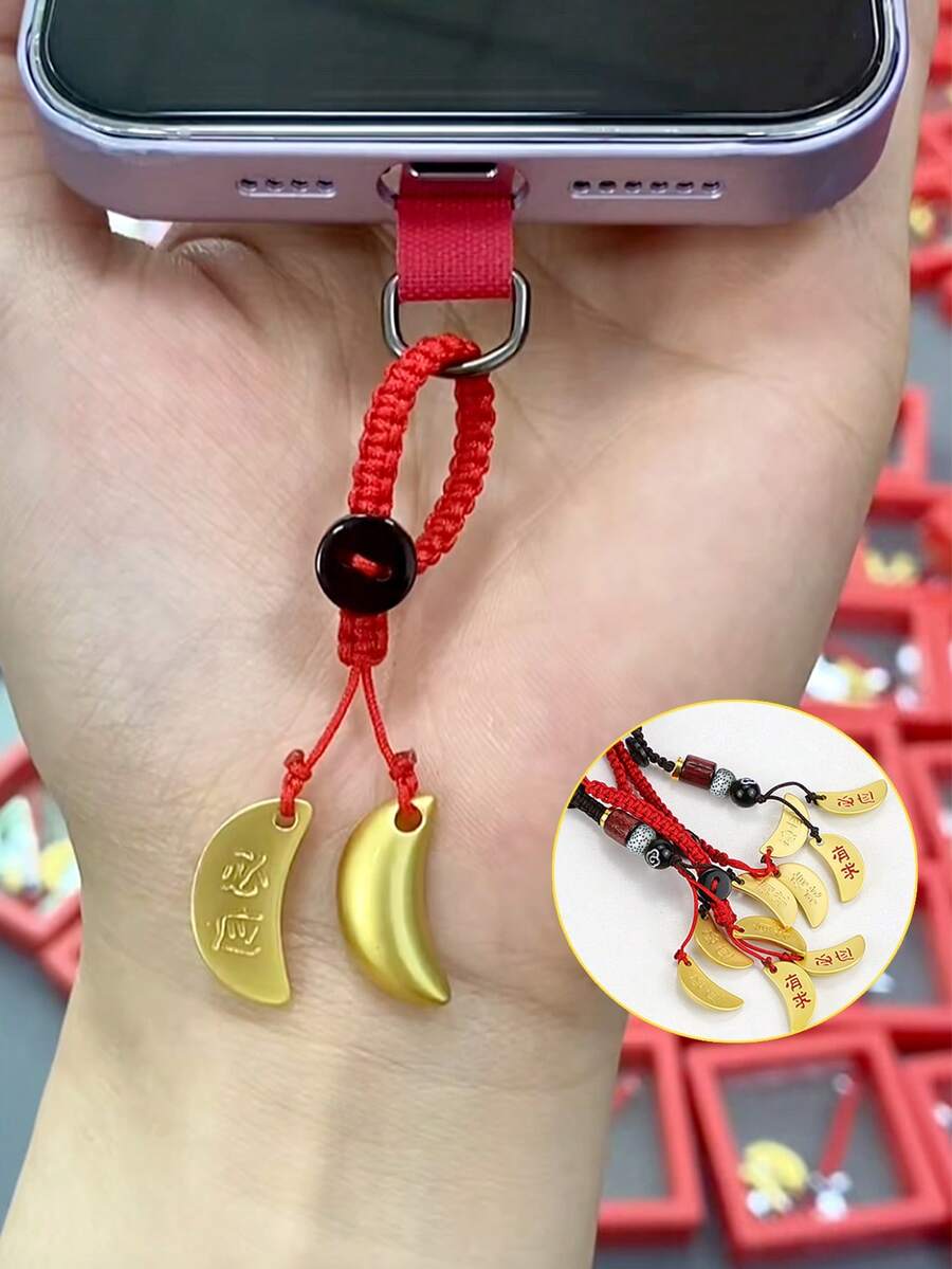 1件编织绳DIY菱形杯“心想事成”印花手机挂绳，吉祥云珠手机配件，钥匙扣，包包挂件 - 彩色 - 查看 1