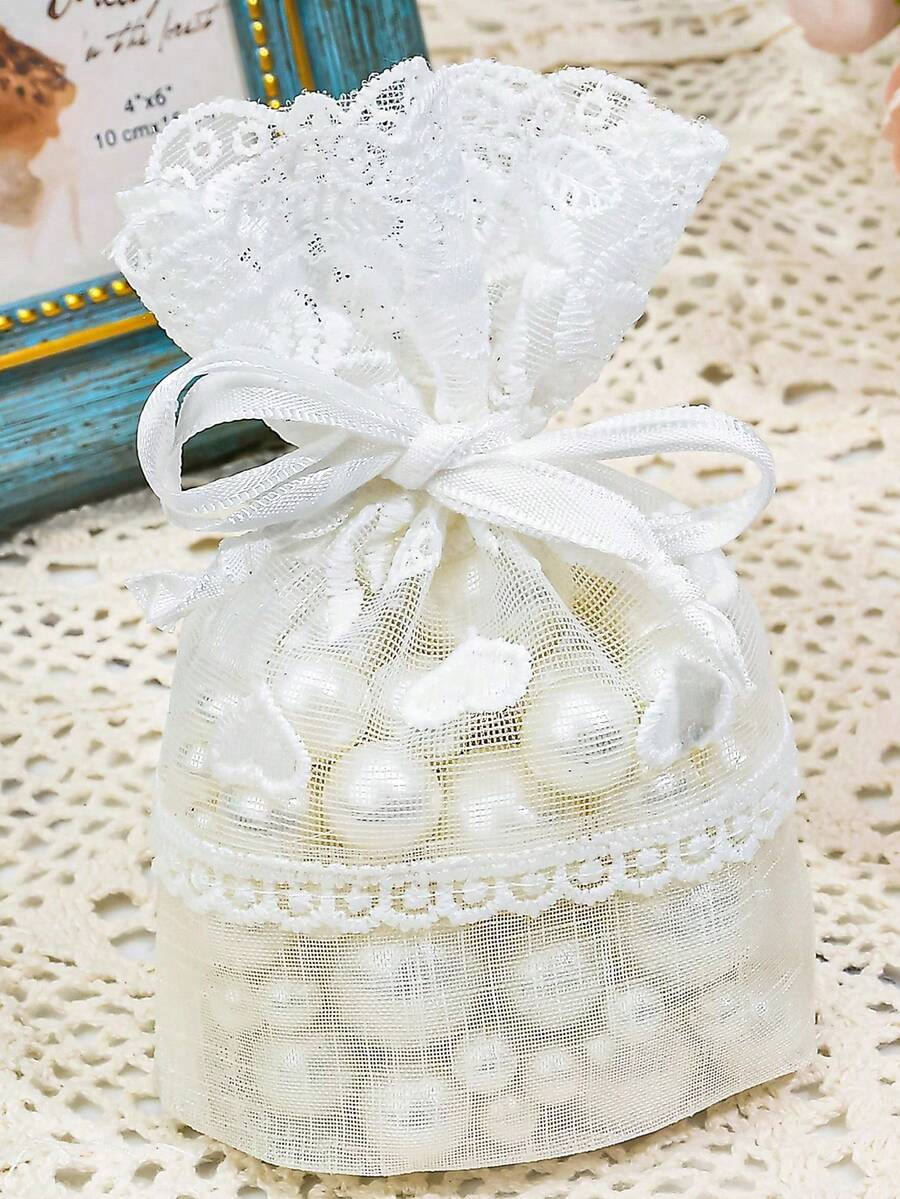 2 chiếc túi nhỏ bằng vải organza có dây rút, túi organza màu trắng có ren, thích hợp làm quà tặng Ngày của Mẹ, quà cưới, quà tặng giáo viên, quà tặng mẹ, kẹo. - Trắng - Xem 1