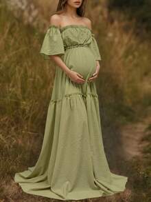 Green Maternity Off Shoulder Layered Short Sleeve Chiffon Dress With Ruffled Hem, Suitable For Special Occasions Like Lawn, Beach, Garden - Green - View 5