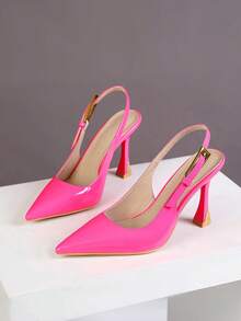 Giày sandal cao gót hở gót mũi nhọn, kiểu dáng thanh lịch, màu sơn mài, dành cho mùa hè mới. - Màu Hồng Tươi - Xem 2