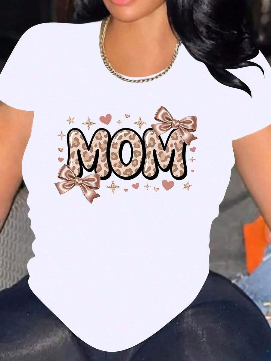 Short-Sleeved T-Shirt With Round Neck, Leopard Print, MOM Lettering, Pink Bow, Heart And Star, For Mother's Day, Sporty, For Parties, Cute, Elegant, Fashionable, Gift, Soft, Machine Washable, Stretchy, For Home, Casual, Pure Cotton. - 白色 - 查看 1