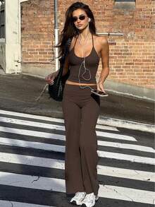 Hugcitar moda 2 uds conjuntos sólido Halter Slips espalda descubierta Sexy Crop Camis Top pantalones de pierna ancha verano mujeres trajes ropa de calle deporte - Negro - Ver 2