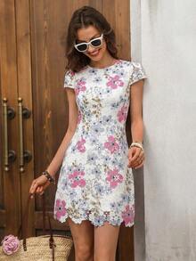 Vestido corto de manga corta romántico con dobladillo asimétrico, encaje y estampado floral diminuto para mujer - Rosa Fucsia - Ver 6