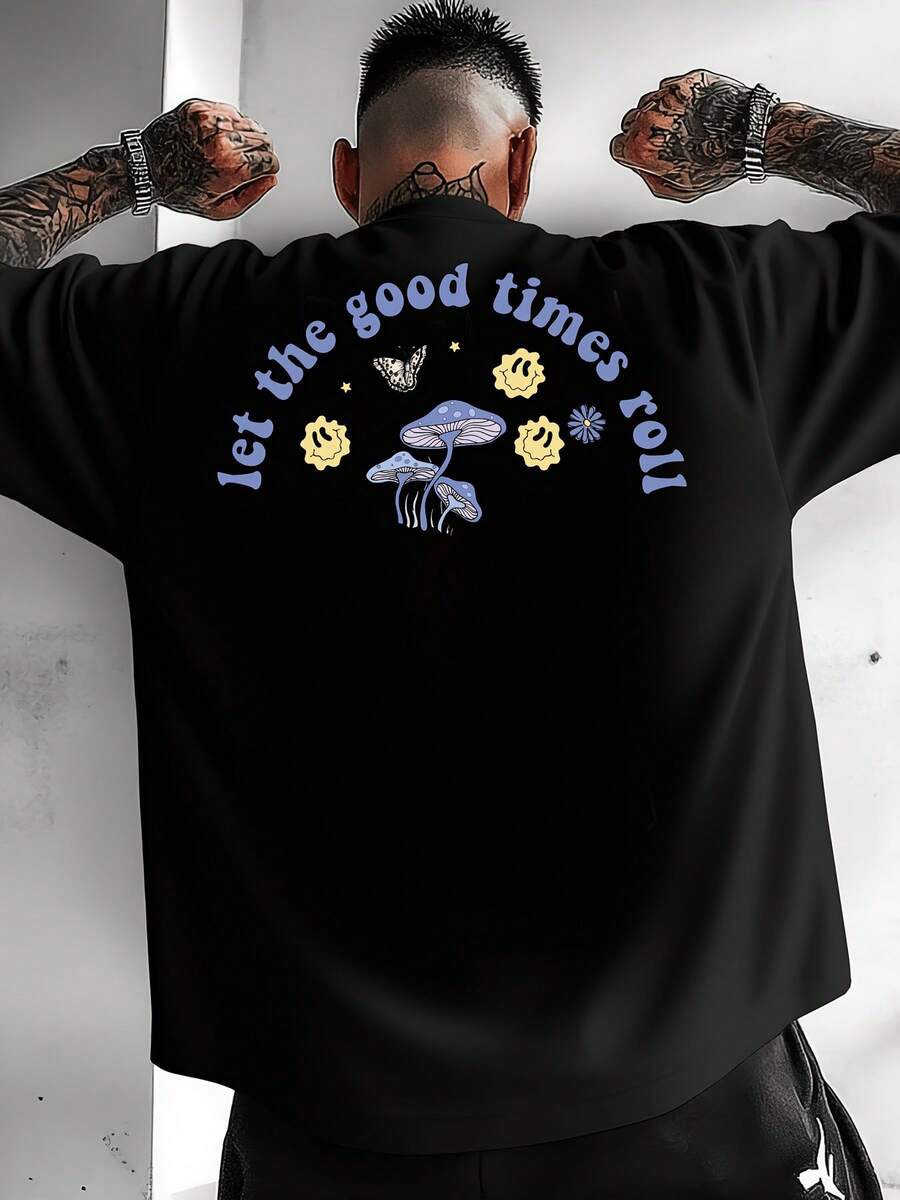 T Shirt Features Let The Good Times Roll In Blue With Mushrooms Butterfly Stars And Daisies. Per Same Style For Men And Women 2026 Summer Short-Sleeved Printed T-Shirt  180G - Black - View 1