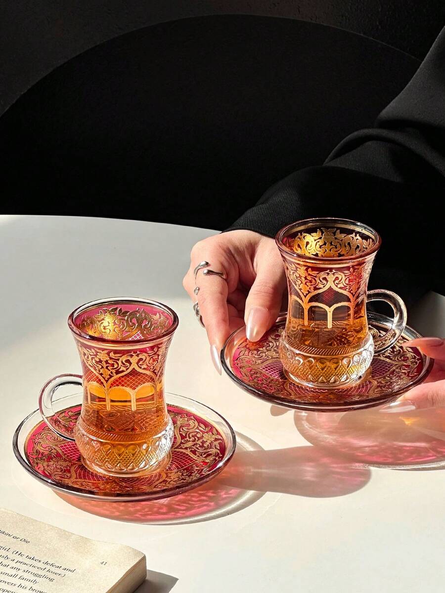 1 Set Vintage Turkish Coffee Cup, Romantic Exotic Red Tea Cup, Afternoon Tea Delicate Flower Tea Cup & Saucer Set - Multicolor - View 1
