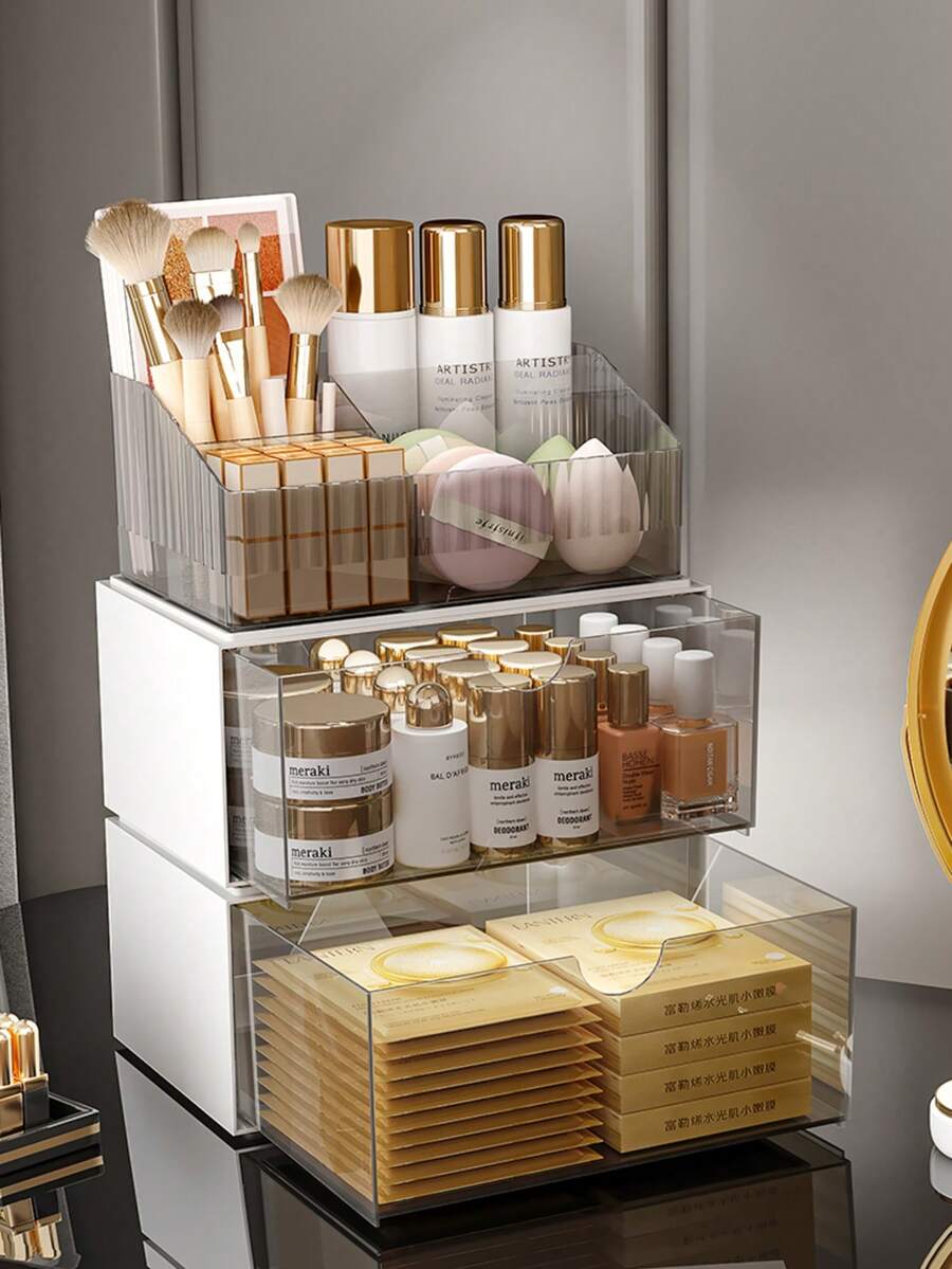 Storage Rack - 3 Tier Stackable Storage Drawers, With Storage Drawers, Perfect For Makeup Storage Bathroom Organization Accessories Multi-Compartment Transparent Makeup Storage Box Desktop Stackable PET Thickened Material Storage Rack Large Capacity Skincare Mask Drawer-Style Organizer Box - Multicolor - View 1