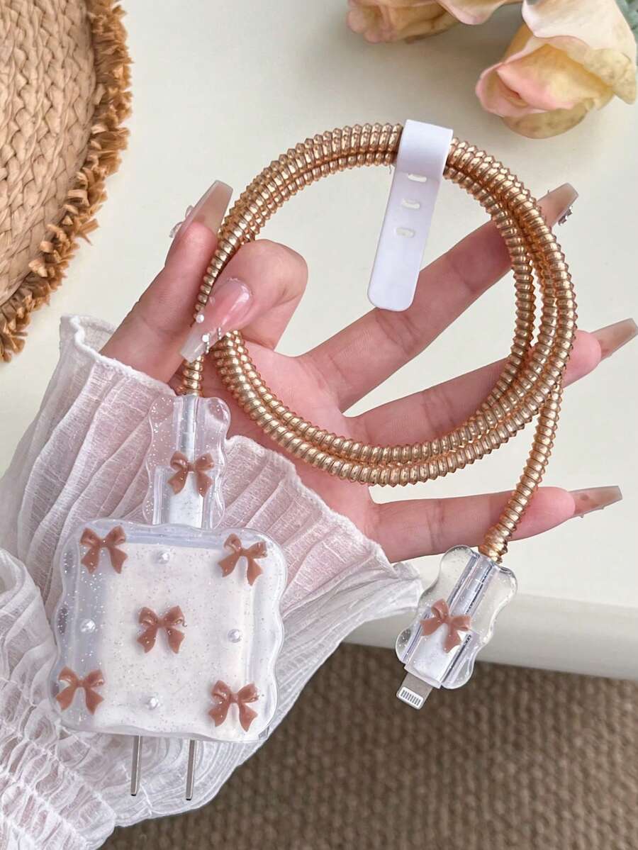 5pcs Brown Bow & White Pearl Design Phone Charging Accessory Set, Including Charging Cable Protector, Charging Head Cover, To Prevent Charging Cable Breakage. Suitable For IPhone 18W/20W Charger.