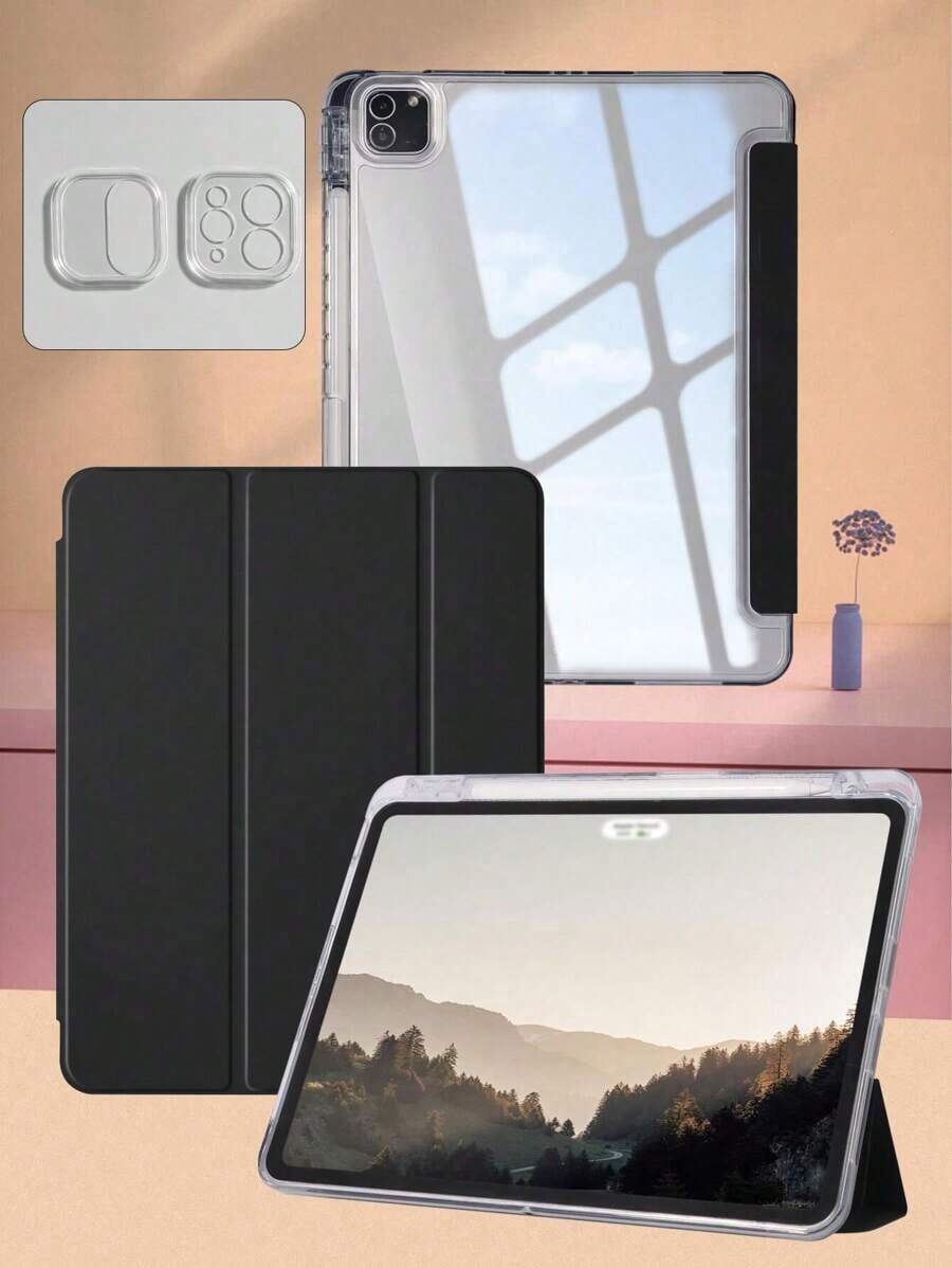 11世代iPad A16、Air 11/13、M3 2025、Mini 7 A17、Pro 2024、Air 11/13、M2 2024、Pro 11/13、M4 2024、Pro 12.9、7/8/9世代、10.2、10世代、10.9、Air 4/5、10.9、Pro 11、4/5/6世代、Mini 6対応の透明ブラックアクリル製保護ケース 1個入り、三つ折りカバー、レンズプロテクター付き、春のギフト - チェックする 1
