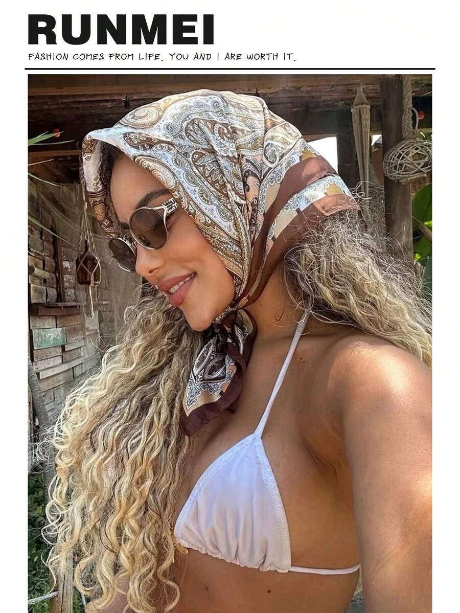 1 pieza Pañuelo de mujer con estampado floral de estilo bohemio, suave y cómodo, multiusos como protección solar casual en la playa, se puede usar como corbata, accesorio para el cabello, cinturón, decoración de bolso, adecuado para uso casual en primavera/verano - Marrón Chocolate - Ver 1