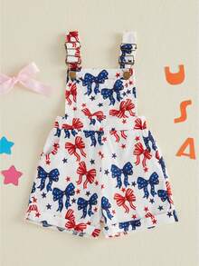 4th Fourth Of July Baby Girl Boy Outfit American Flag Print Overalls Shorts Pocket Suspender Romper Clothes Patriotic Memorial Day Outfit - 白色 - 查看 1