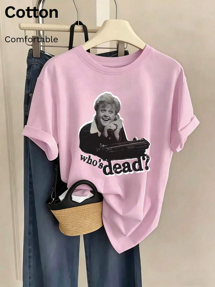 Women's Casual Summer T-Shirt, "Who's Dead?" Vintage PortraitGraphic Print Tee, 100% Cotton Comfortable Soft Top,Sporty Style, Perfect For Spring And Summer Outings. Soft, Draping, And Breathable Women's Casual Short Sleeve Top - Pink - View 1